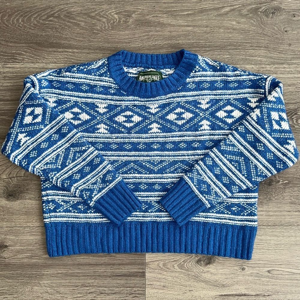 American Eagle Fair Isle Snowdrift Sweater Size Small Oversized Blue Winter Knit
